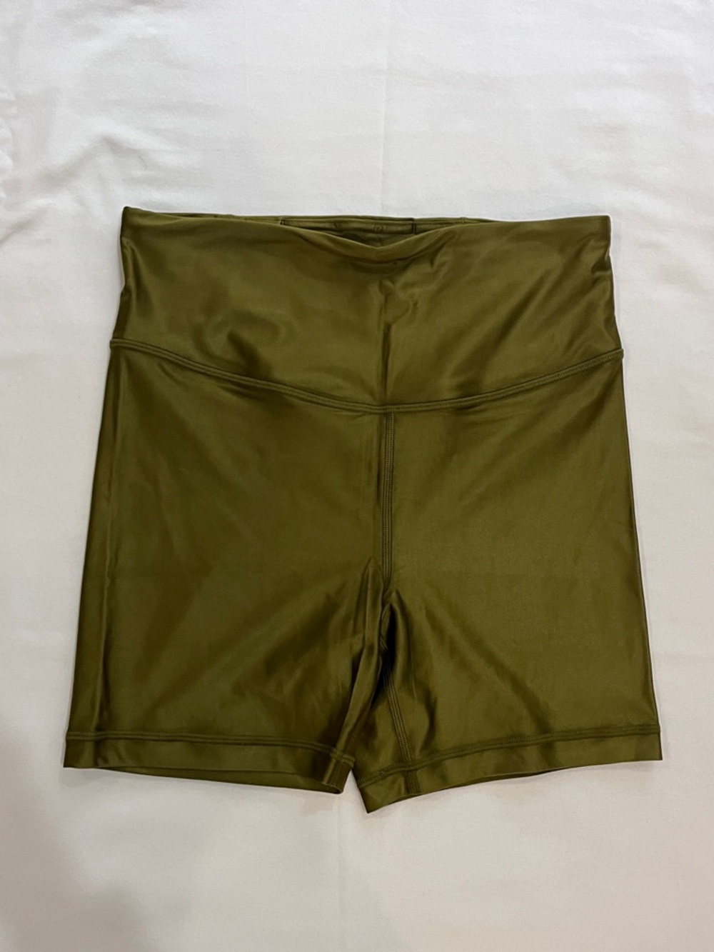 Athleta Olive Green High-Rise Bike Shorts, shiny